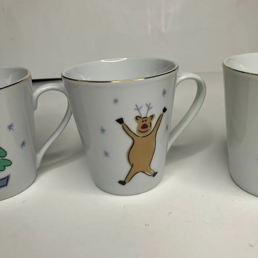 Merry Brite Merry Christmas Coffee Mugs Cups Set Of 3 Gold Rim Holiday Santa 8oz